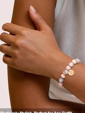 Margelife Initial Charm Bracelet Letter G Rose Quartz Beaded Pink Zebra Jasper